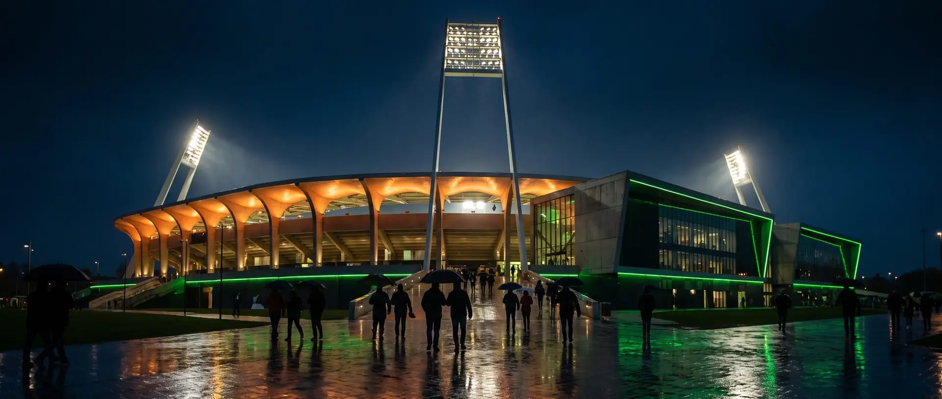 Football stadium at night with dramatic floodlights and atmosphere